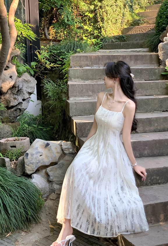 Romantic holiday style suspender dress summer hollow white lace temperament long skirt R4423