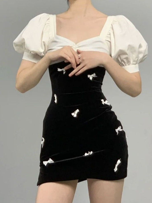 Black slim sexy puff sleeve square neck mini skirt homecoming dress R2570