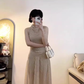 Temperament striped sleeveless dress with a flared collar, slim waist and beautiful long skirt R0719