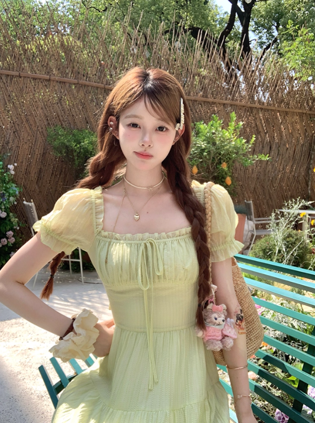 Green long waist square collar short sleeve dress summer French retro a-line high-end skirt R4704