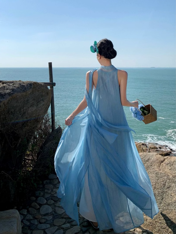 Fairy Island Travel Outfit Halter Neck V-Neck Dress Beach Dress Loose Casual Long Dress R1732