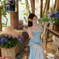 Blue floral suspender dress, elegant waist and hip fishtail skirt R0630