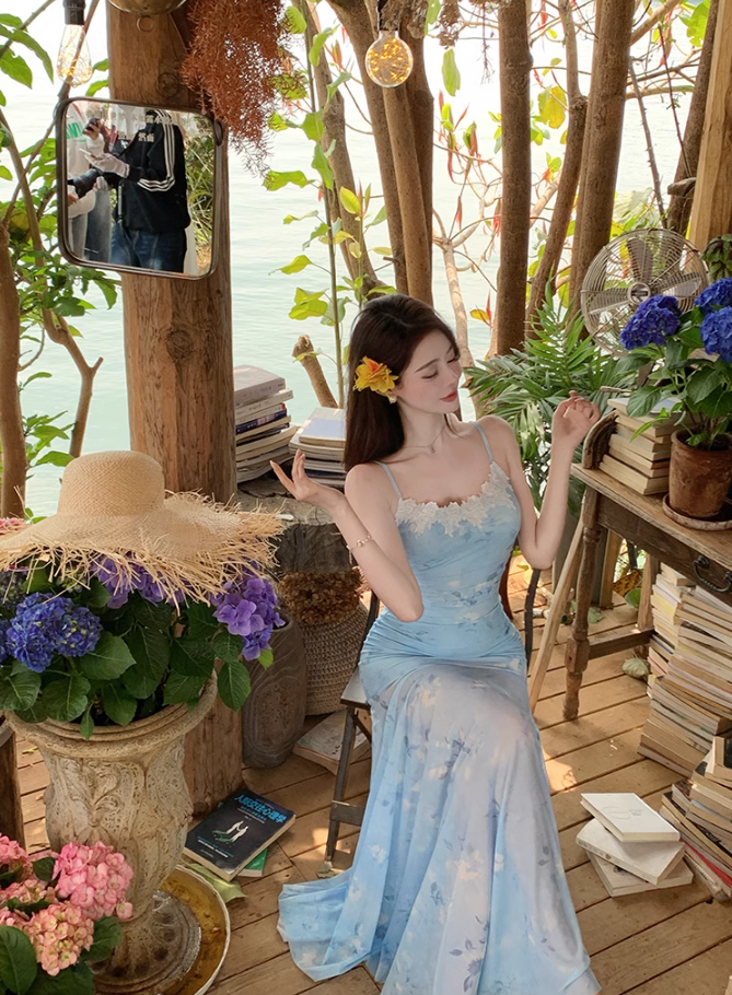 Blue floral suspender dress, elegant waist and hip fishtail skirt R0630