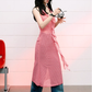 Red plaid waisted halter neck dress summer V-neck ribbon French temperament long dress R3324
