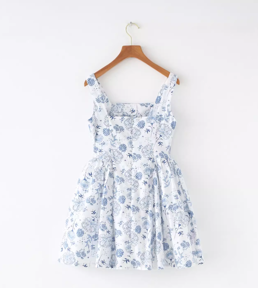 New antique style blue and white porcelain floral pattern niche slimming waist cinching suspender dress new R2878