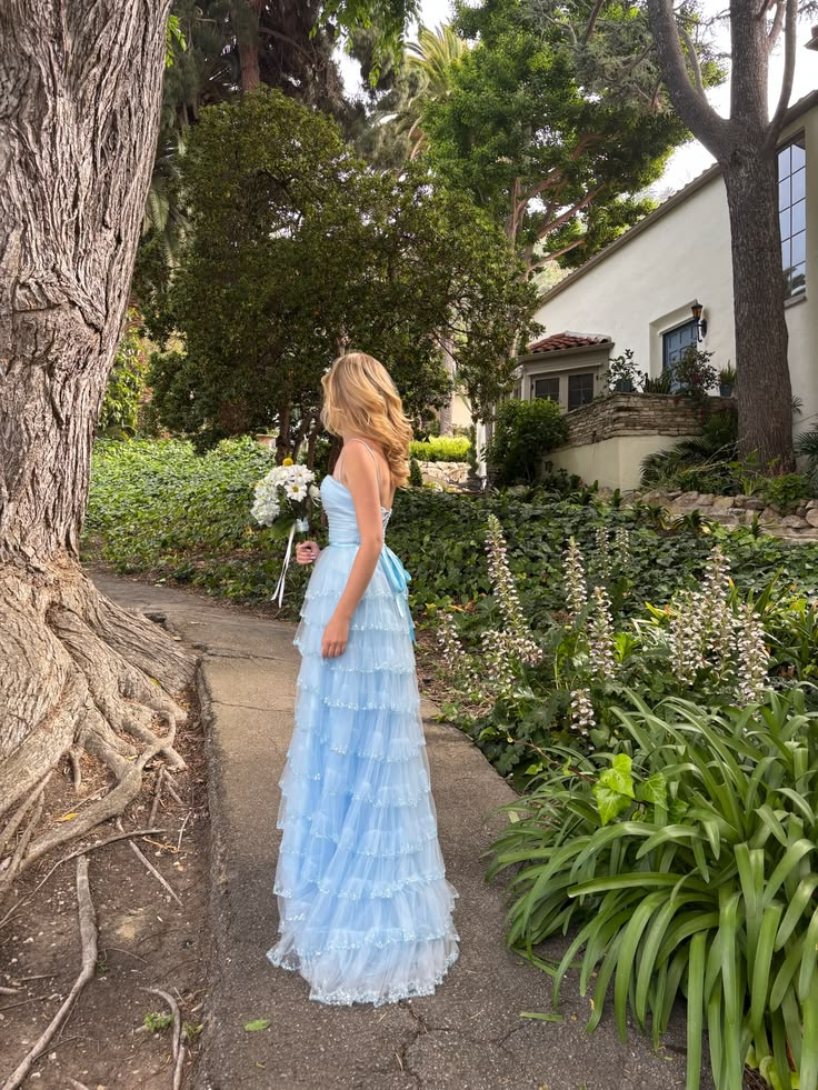 Fresh Tulle Ruffled Hazy Prom Gown Baby Blue Women's Maxi Birthday Dress Casual Dress RS2972