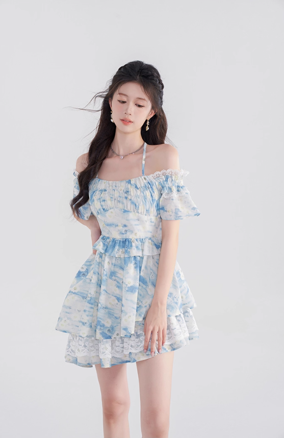 One-shoulder floral dress summer lotus leaf sleeve suspender skirt new high waist A-line skirt R4422