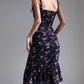 French Slim Sexy Ruffle Edge Floral Dress A-Line Waist Suspender Long Dress R2813
