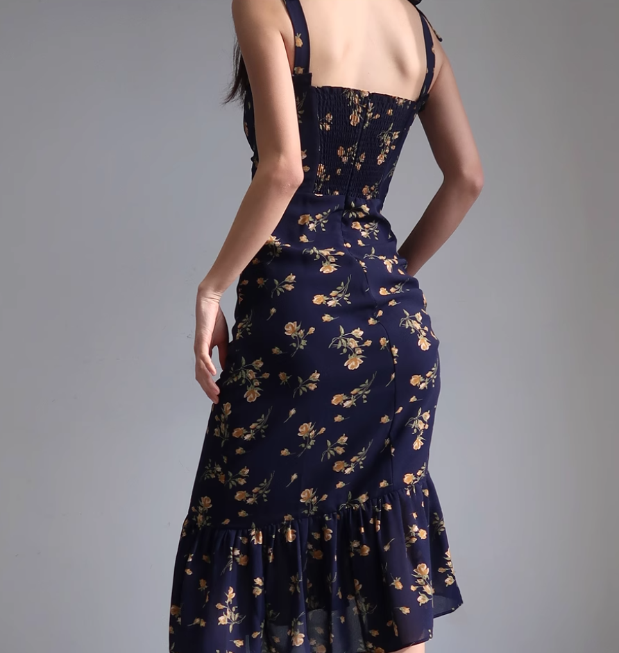 French Slim Sexy Ruffle Edge Floral Dress A-Line Waist Suspender Long Dress R2813