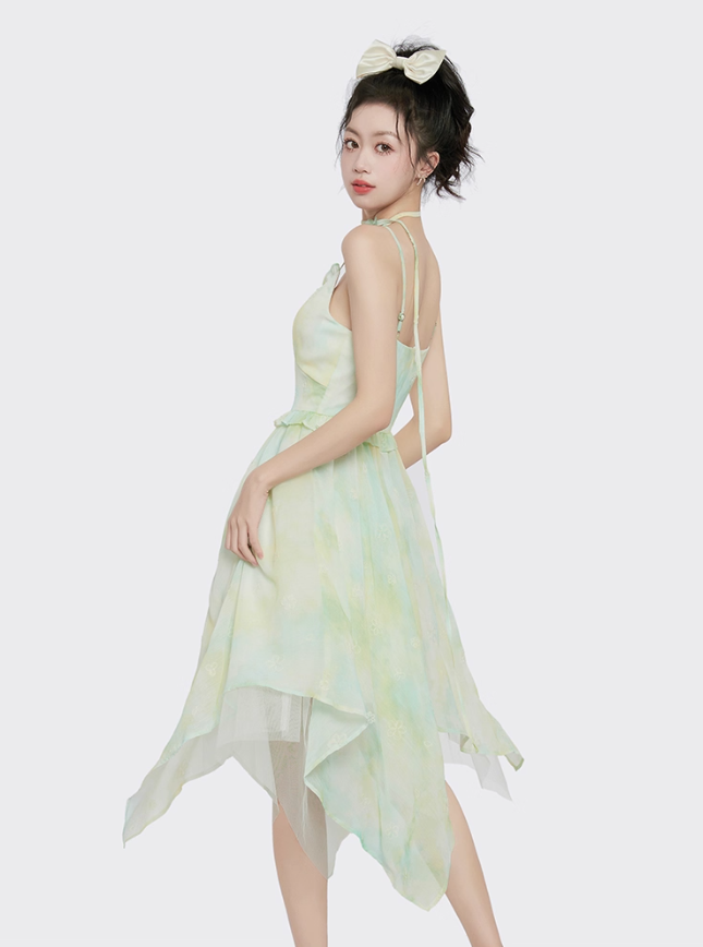 Small fresh and chic skirt embroidered suspender dress women's summer irregular mid-length skirt R4118