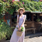 Purple V-neck small flying sleeve waist long dress summer French temperament lace skirt R4584