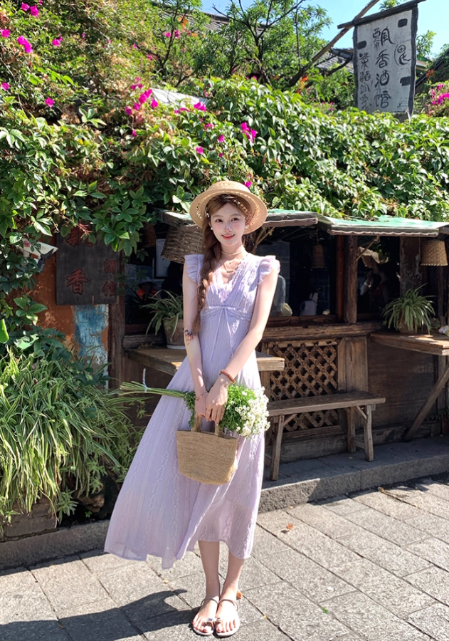 Purple V-neck small flying sleeve waist long dress summer French temperament lace skirt R4584