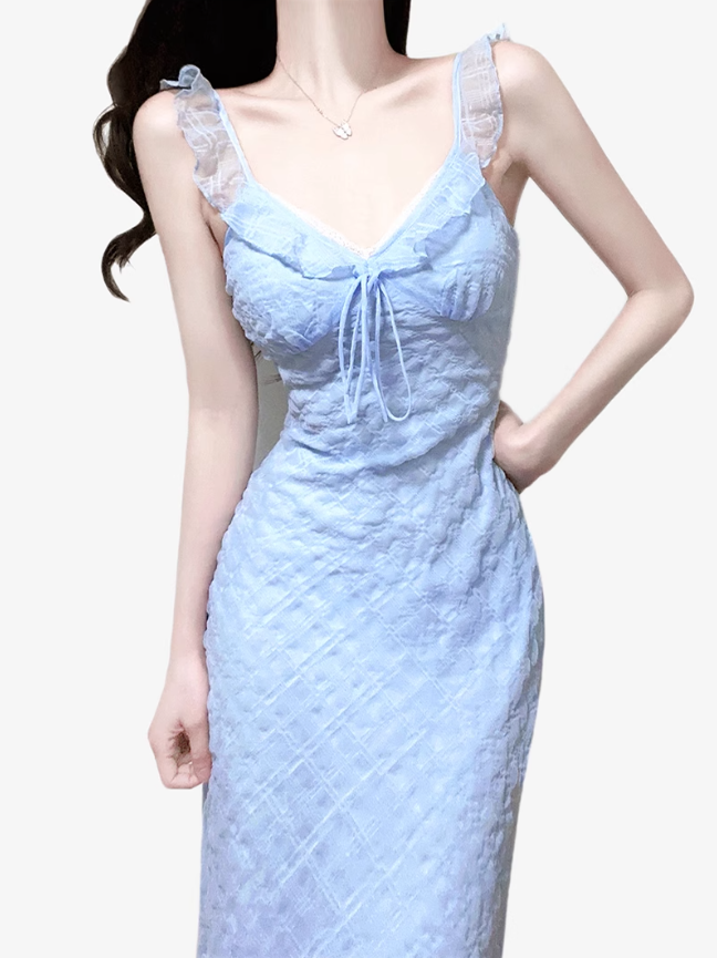 2025 Summer New Blue Mermaid Princess French Flying Sleeve Plaid Long Dress R0957