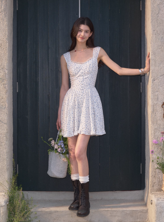 Tencel romantic slim floral dress women's summer French style sweet waist short skirt R3331