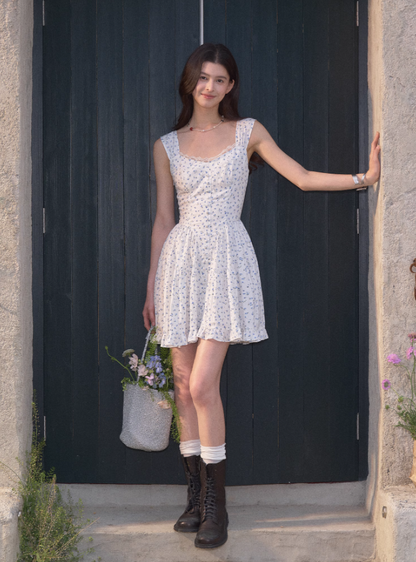 Tencel romantic slim floral dress women's summer French style sweet waist short skirt R3331
