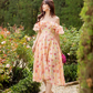 Apricot long dress pink floral one shoulder gentle and elegant long dress homecoming dress R4027