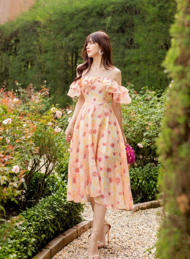Apricot long dress pink floral one shoulder gentle and elegant long dress homecoming dress R4027