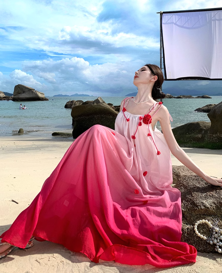 Gradient color loose suspender dress seaside holiday beach dress atmosphere long dress R1614