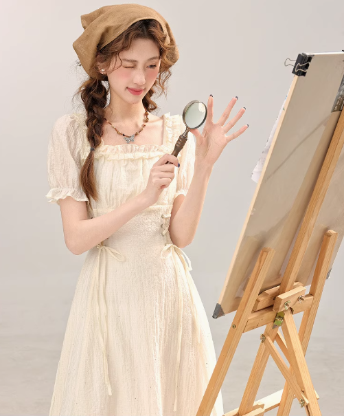 French style gentle waist apricot dress beautiful summer skirt R1922