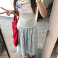 Pure and gentle holiday style striped one-shoulder T-shirt floral skirt two-piece suit R0876