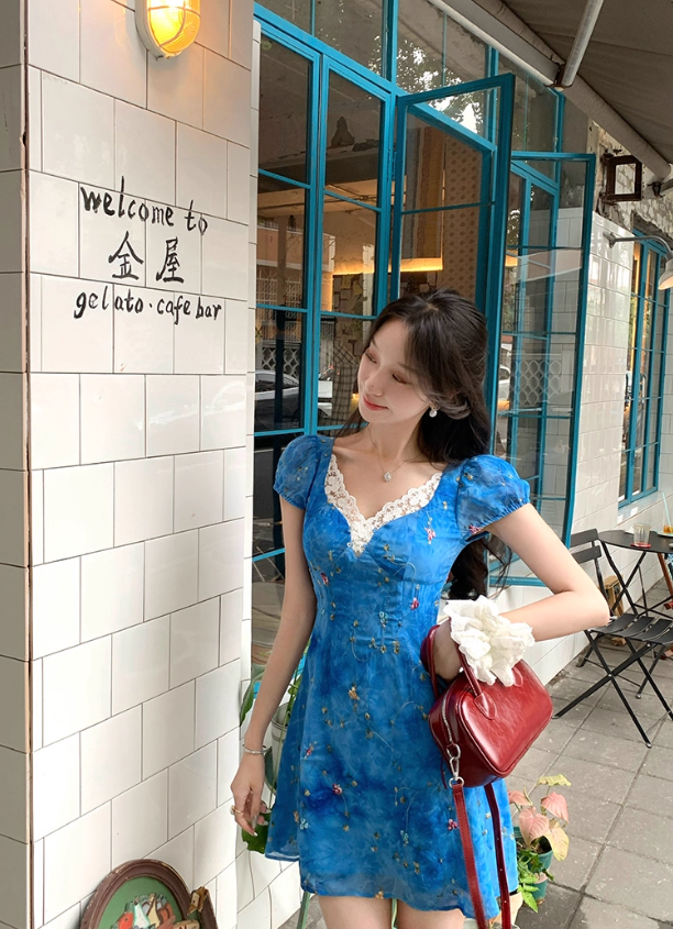 French V-neck blue floral dress women's summer retro sleeveless short skirt R4303