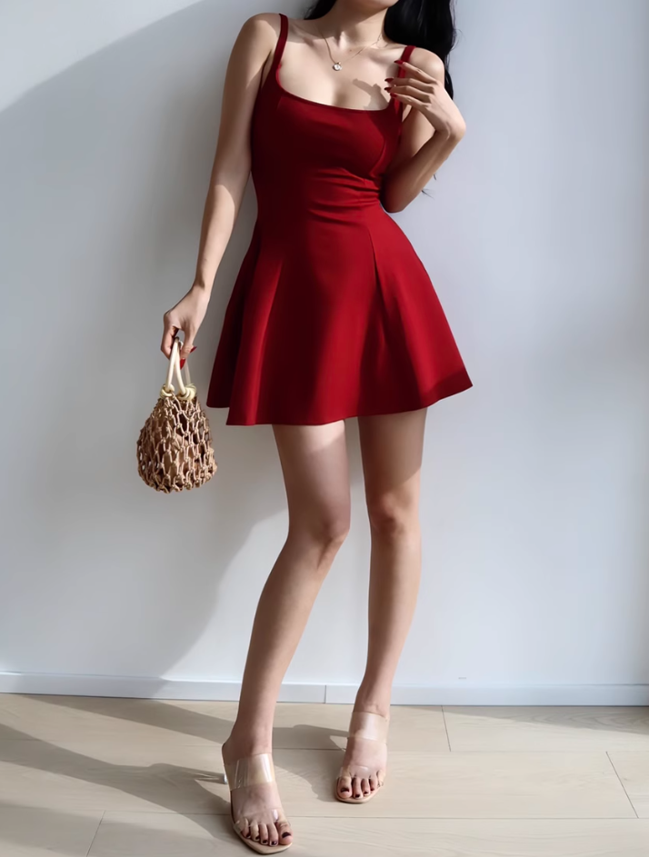 French retro square neck waist elastic slim fit suspender skirt short skirt R2812