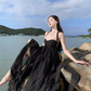 Black sexy tube top long skirt elegant and fairy irregular hem halter neck backless beach dress R1618