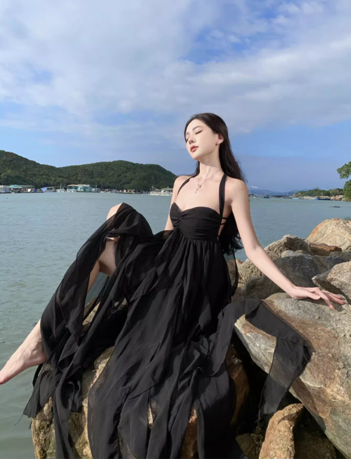 Black sexy tube top long skirt elegant and fairy irregular hem halter neck backless beach dress R1618