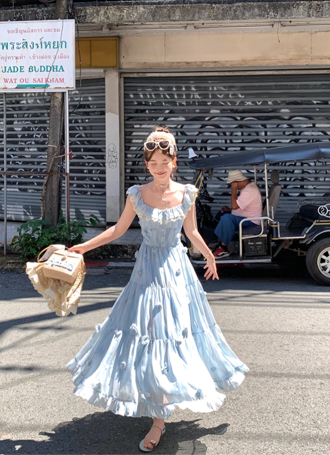 Blue long chiffon printed small flying sleeve suspender dress summer French sweet slim skirt R4616