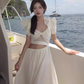 Super fairy long skirt with small flying sleeves white waist-baring dress holiday beach skirt R1607