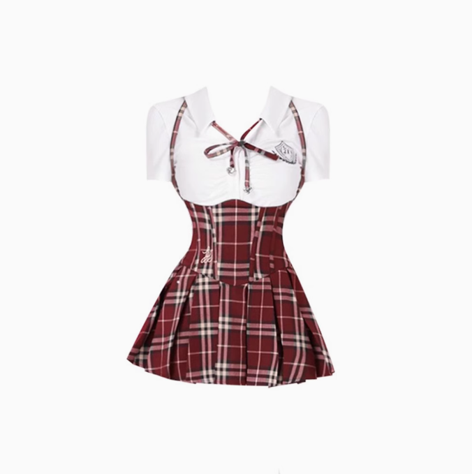 College style short shirt 2025 sweet and spicy high waist pleated skirt suit R1080