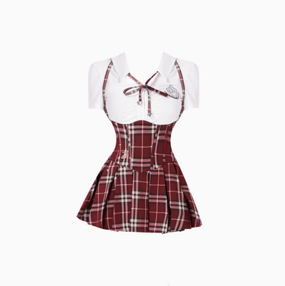 College style short shirt 2025 sweet and spicy high waist pleated skirt suit R1080