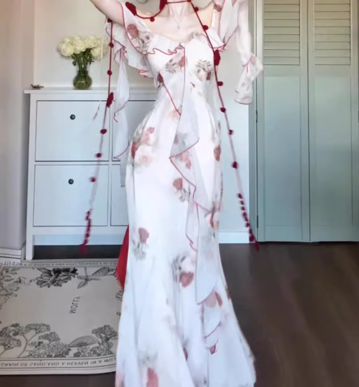 Retro floral one-shoulder dress with gentle temperament and slim waist and hip skirt R0645