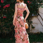 Pink retro rose print one-shoulder slim waist long dress homecoming dress R3251