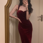 Velvet sling wine red dress retro Hong Kong style French design banquet dress R1436