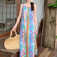 Retro oil painting style flower suspender dress holiday style tassel blouse slim long skirt suit R0204