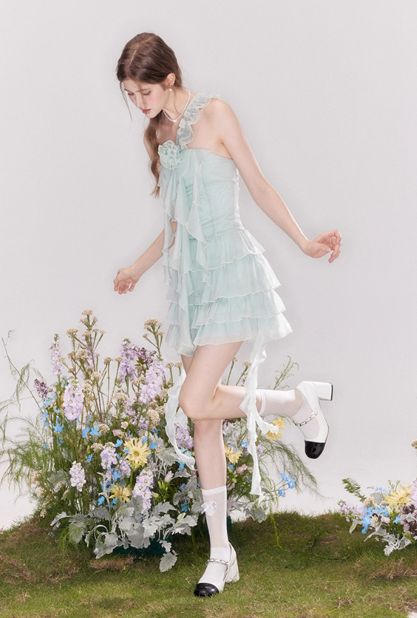 French ruffled one-shoulder dress atmosphere cake skirt R4536