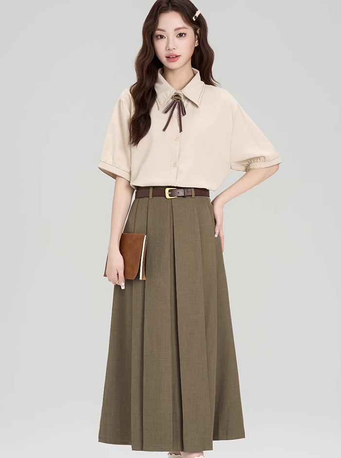 Preppy formal summer designer shirt and skirt suit R2357