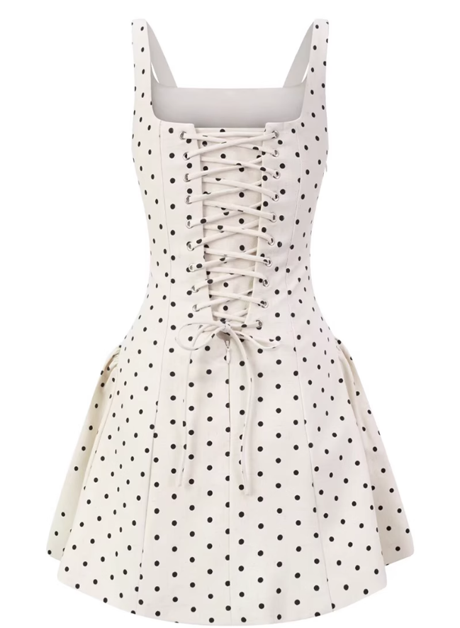 2025 Summer New Apricot Polka Dot Waist Square Neck A-line Short Suspender Dress R0907