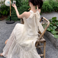 White lace off-shoulder beach maxi dress holiday suspender dress French retro dress R1697