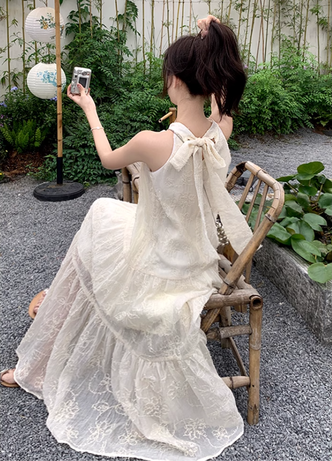 White lace off-shoulder beach maxi dress holiday suspender dress French retro dress R1697