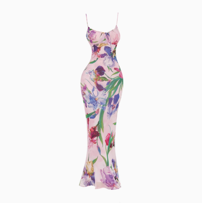 French pink tropical flower sling dress 2025 waist and hip holiday dress R1186