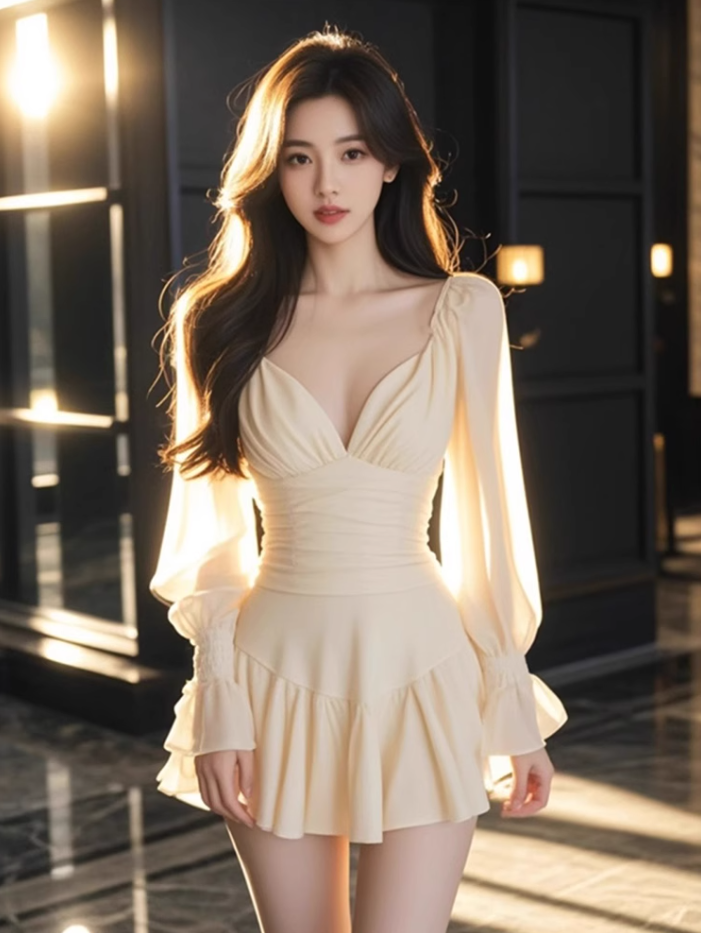 French gentle style beige puff sleeve dress 2025 pleated waist a-line skirt R1113