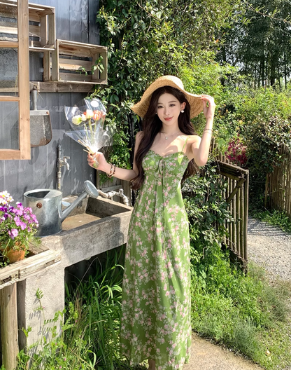 Green floral suspender dress beautiful waist A-line long skirt R0601