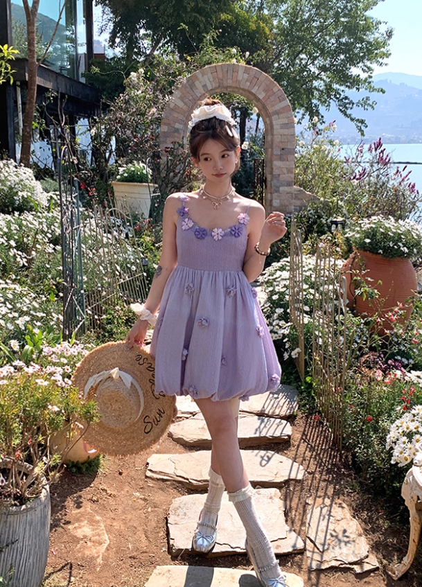 Purple mid-length waist suspender dress French style slim skirt R4989