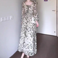 Green floral long-sleeved dress gentle temperament waist A-line long skirt R0707