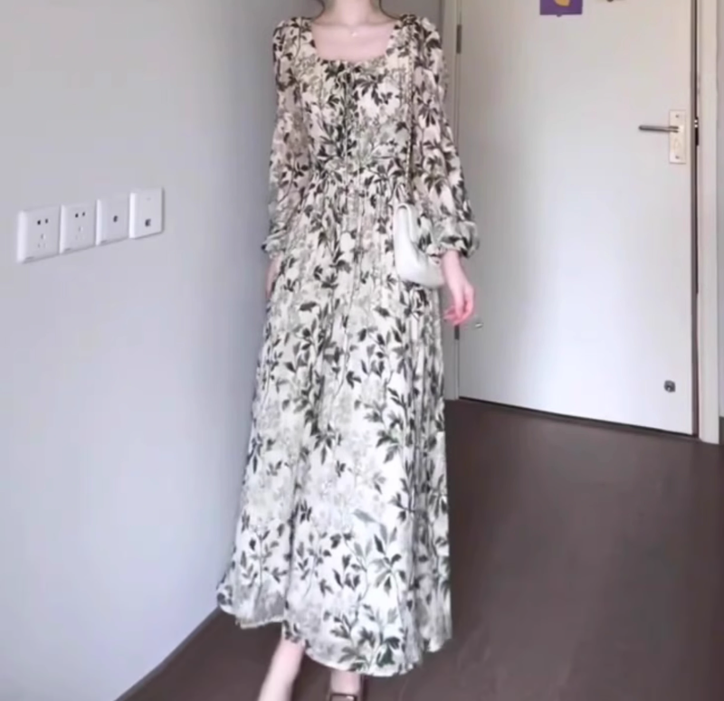 Green floral long-sleeved dress gentle temperament waist A-line long skirt R0707