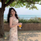 Beautiful floral suspender dress with irregular waist and slim fit R0644