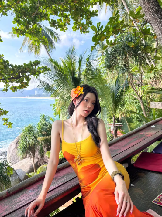 Gradient color tight figure-hugging dress long hip skirt slim sexy suspender long skirt R1590