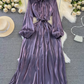 High-class lady temperament long-sleeved bow tie waist slimming A-line shiny sequin dress R0388